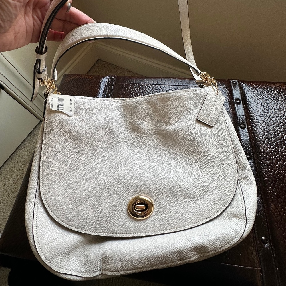 Coach Cream Pebbled Leather Shoulder Bag with Gold Turn-Lock